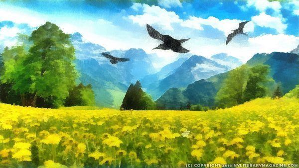 Meadow with Birds Nature Painting